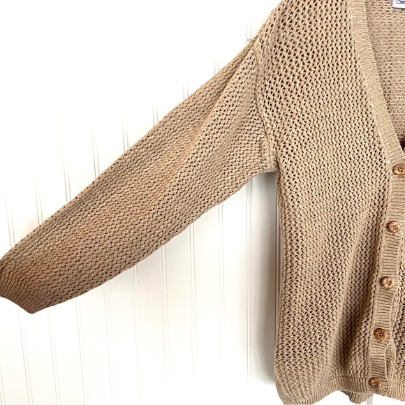 Vintage Fisherman's Sweater Hand Knit Beige Rope Net V-Neck Cardigan Wood Button - Picture 4 of 13